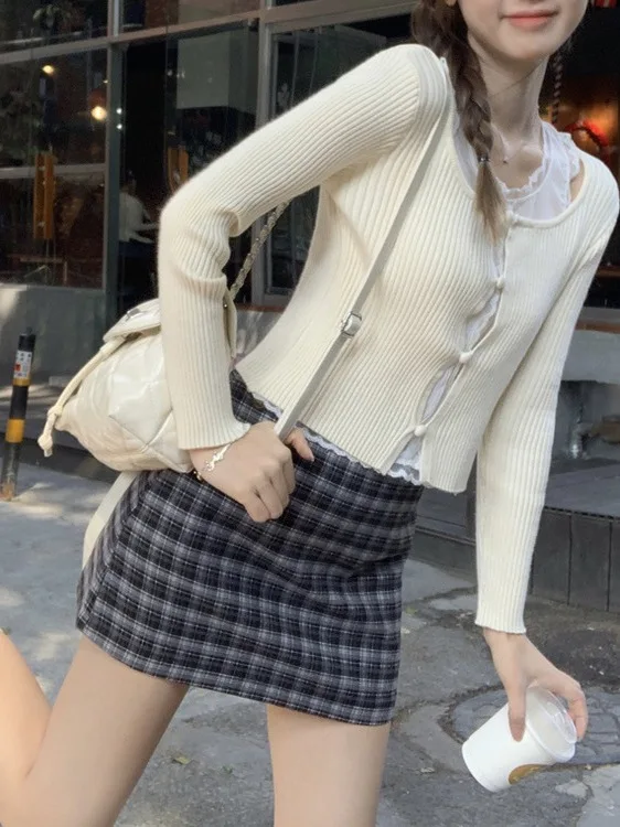 

Korean Sle ort Knitted Base irt for Women Purple Lace Trim Spring Autumn New Chic Sweet And Spicy Girl Top