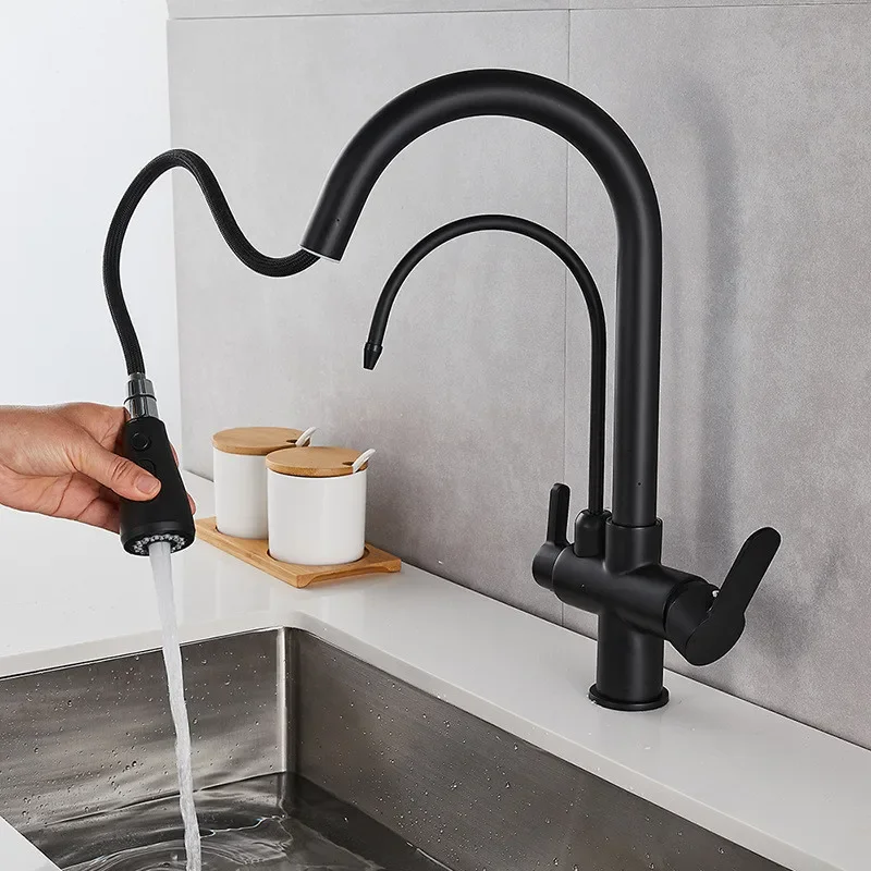 Pull Out Kitchen Solid Brass Crane For Kitchen Deck Mounted Black Water Filter Tap Sink Mixer 3 Way Kitchen Faucet