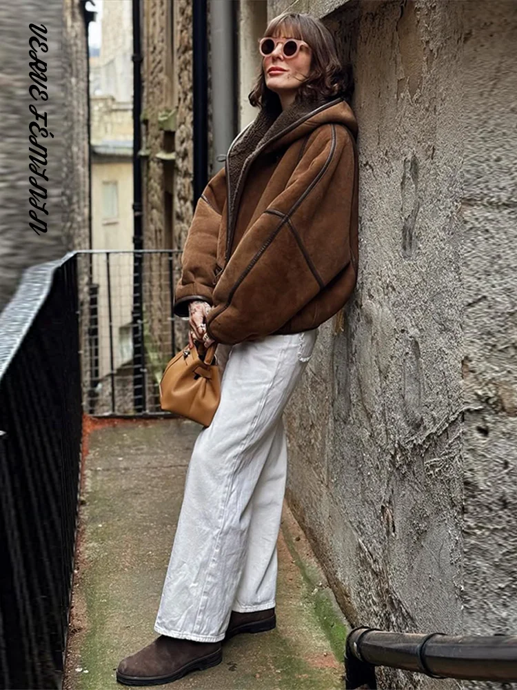 

Women's Winter Coat Hooded Leather Patchwork Loose Fitting Bomber Jackets Autumn 2025 Female Long Sleeve Coats Ladies Outerwears