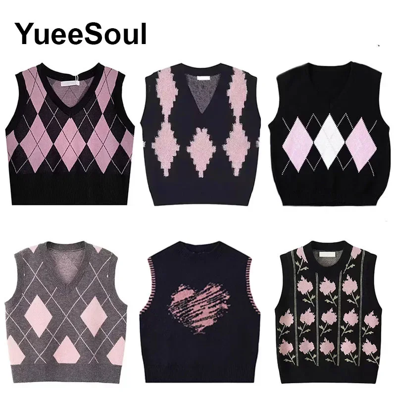 Sweet Cute Pink Knitted Women Sweater Vest Sleeveless Loose Oversized Knitwears 2023 New Y2K Fairycore Korean Style Knit Vest