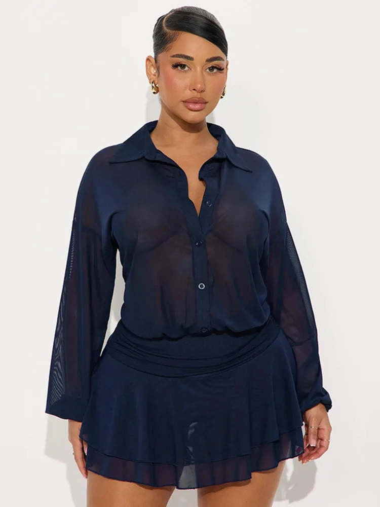 Mozision Mesh See Through Manica lunga Mini abito sexy Donna Elegante colletto rovesciato Abito da festa da club con volant monopetto