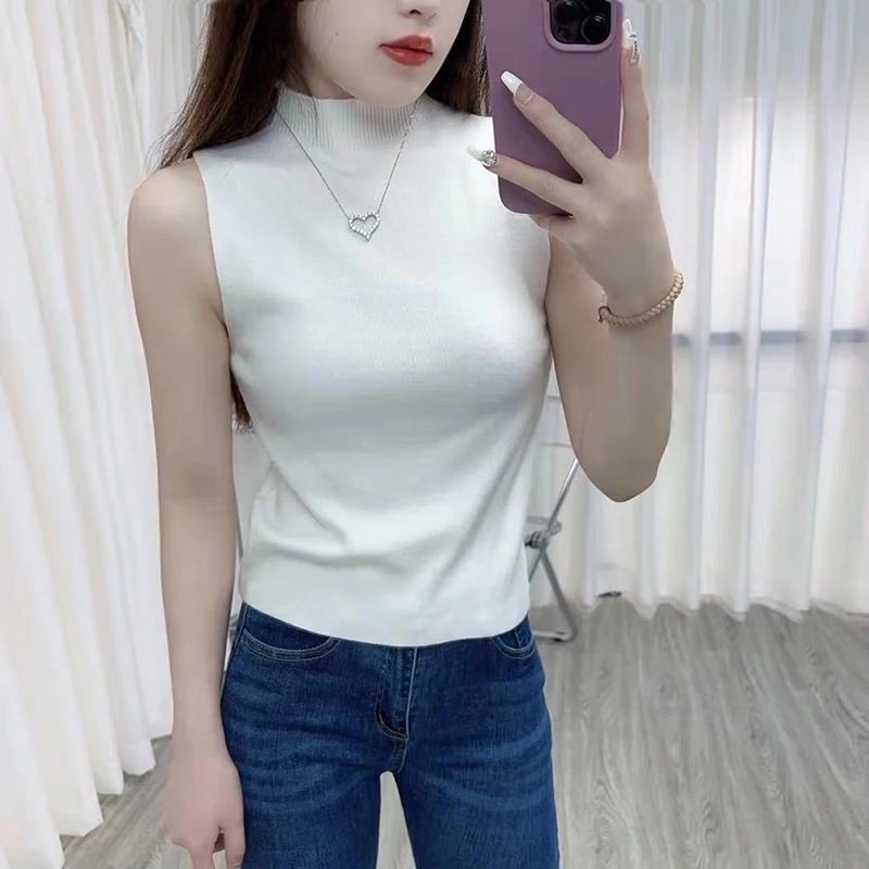 Fashion Half Turtleneck Knitted Tank Top Summer Women Casual Solid Color Sleeveless Vest