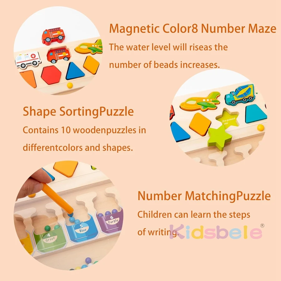 3 in 1 Montessori Toys For Kids Magnetic Educational Color & Number Maze Shape & Vehicle Wooden Puzzle Sorting Toys For Toddlers