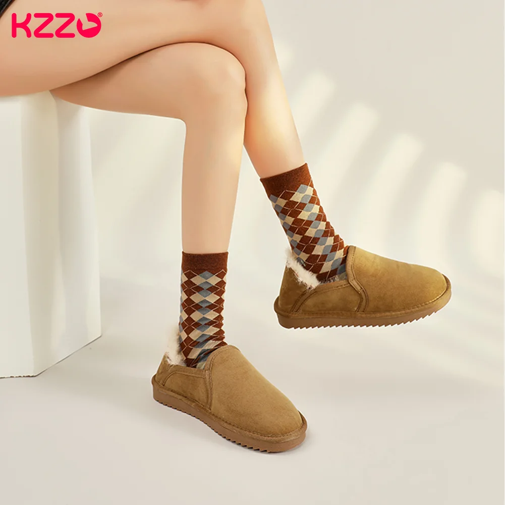 KZZO New Women Sheepskin Leather Mini Snow Boots Australia Natural Wool Fur Lined Short Ankle Winter Warm Lazy Shoes Non-slip