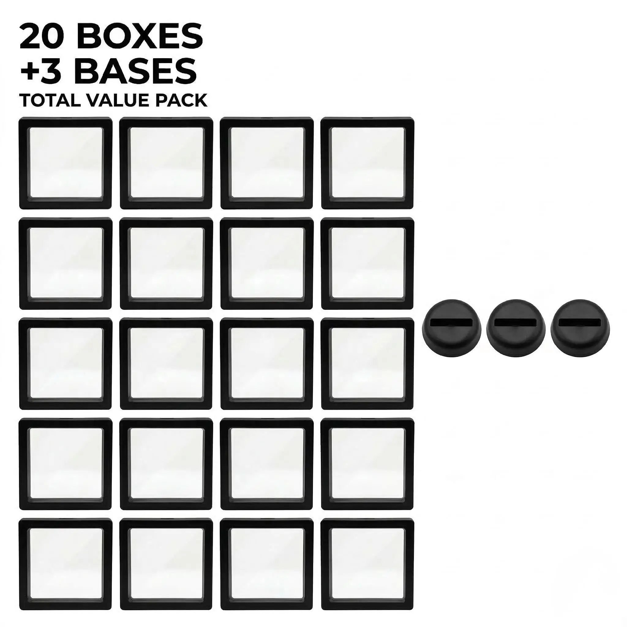 20Pcs 3D Floating Frame Display Case 7x7cm with 3 Bases Transparent PE Film Jewelry Storage Box Dustproof Earring Ring Coin Med