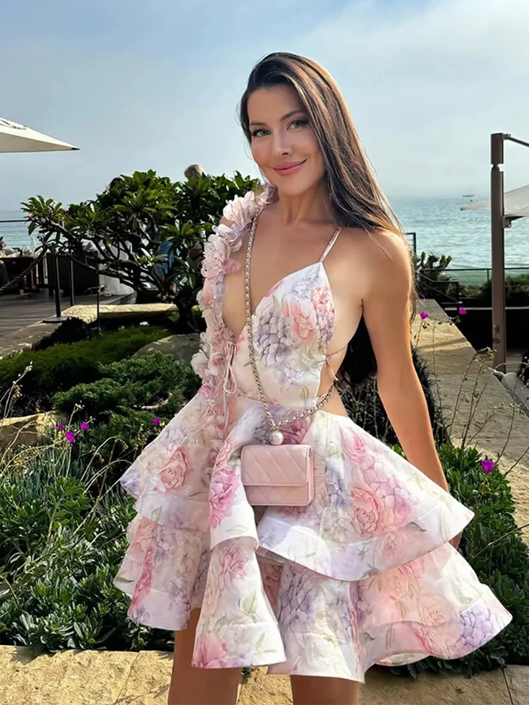 

Backless Party Dress Women Elegant 3D Flower Print Sling Lace Up Ruffle A-line Mini Evening Dresses Female 2025 Summer Swimwears