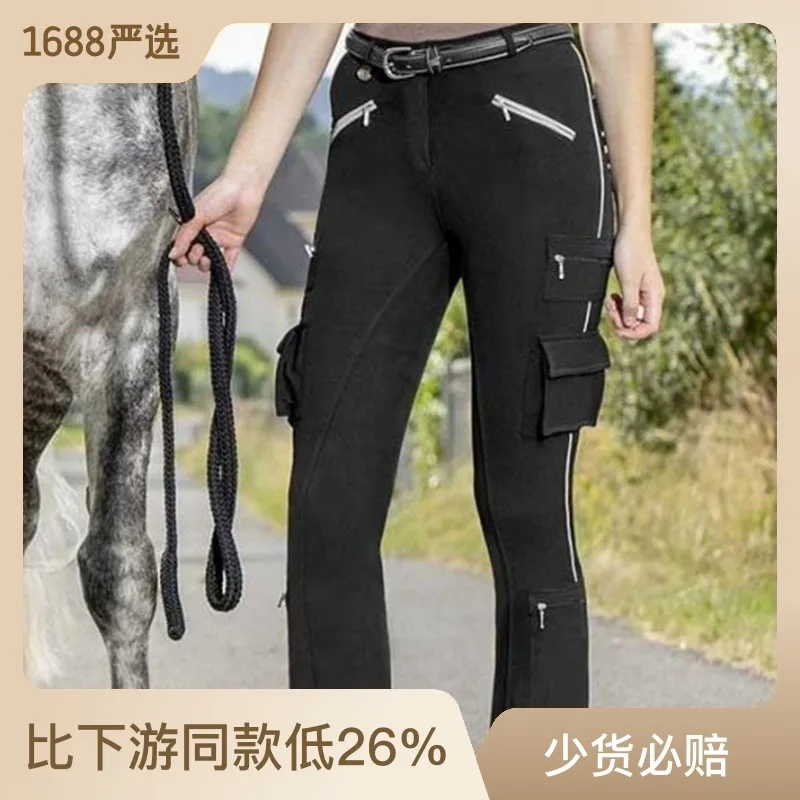 New women's multi-pocket diagonal zipper Slim thin to lift the hip elastic equestrian pants