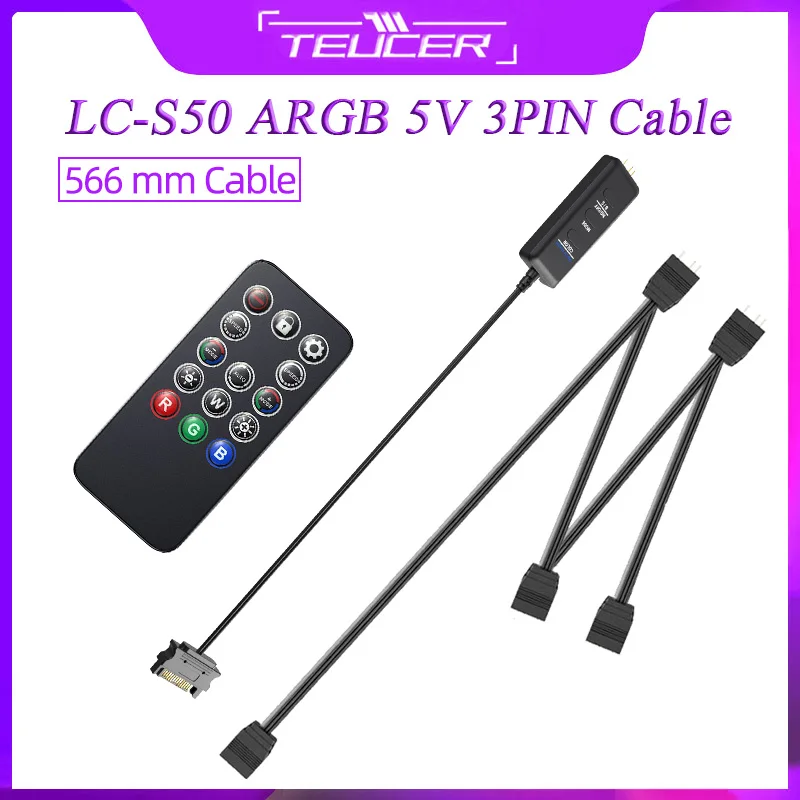 TEUCER LC-S50 ARGB 5V 3PIN vers SATA Interface d'alimentation carte mère contrôleur de lumière de synchronisation 1 à 2,3,4 câble ARGB
