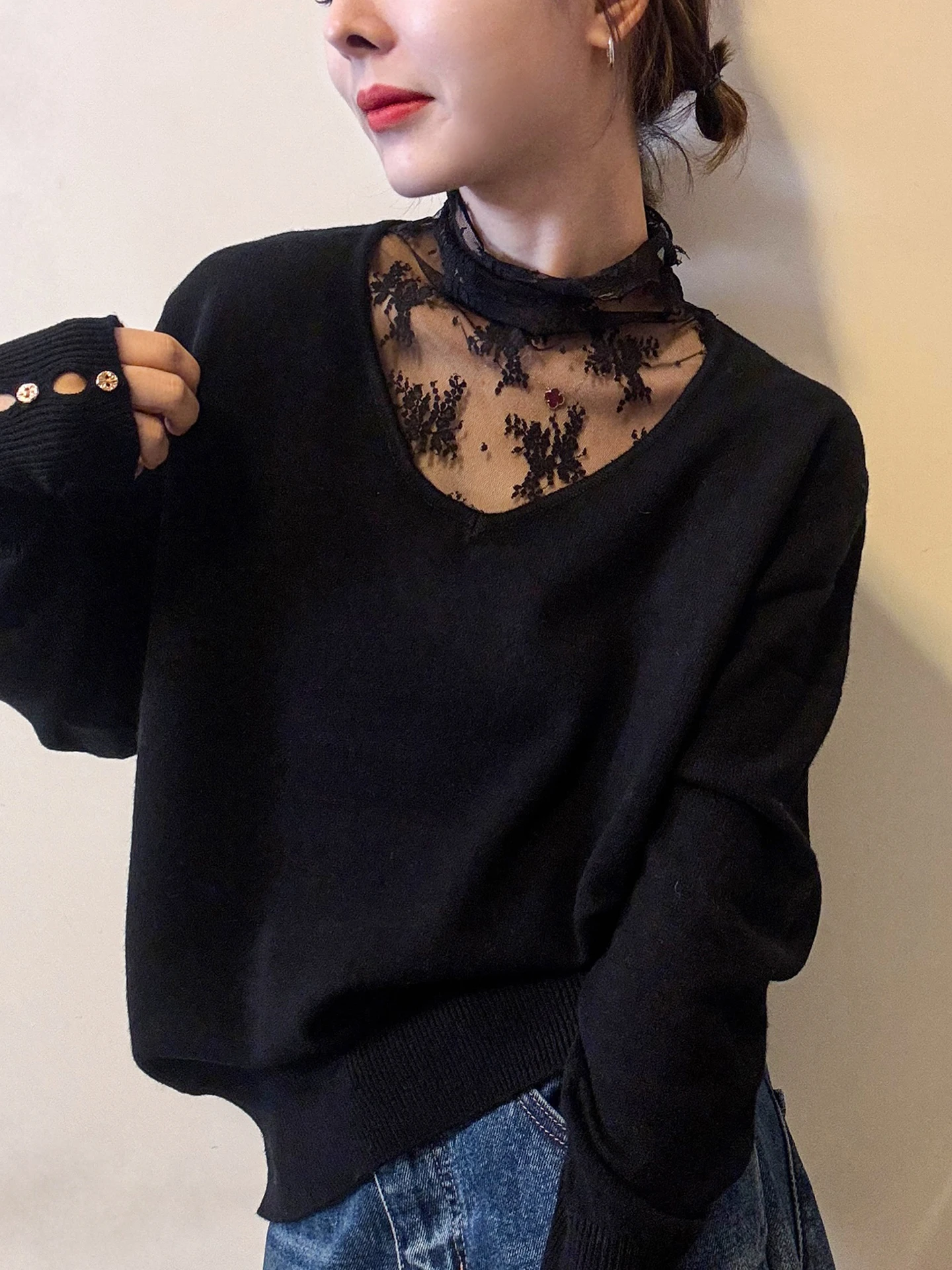   レーススプライスレディースニットウェアロングスベルーズフィット快適な冬のセーターシンプルなスレ韓国版カマーレ