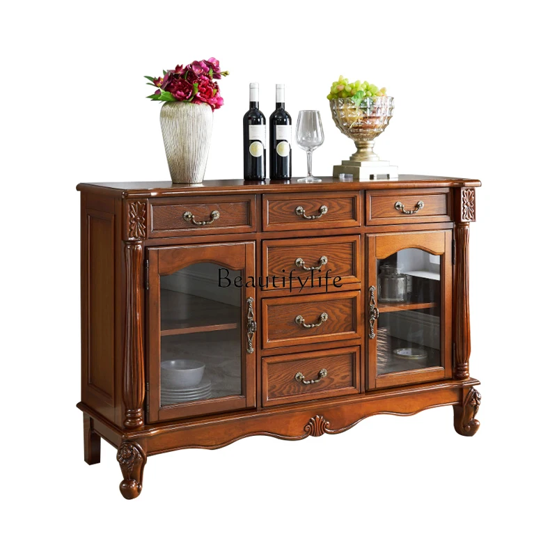 

American solid wood wine cabinet against the wall, household retro home storage cabinet, tea table