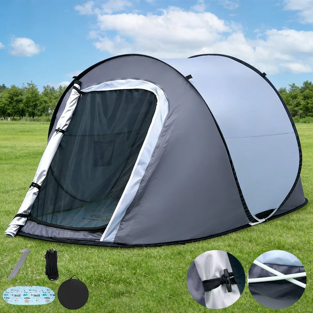 Kit de tente de camping à double porte à ouverture rapide – Installation rapide, comprend un tapis de couchage, 8 piquets de tente, 8 cordes d'ancrage et un sac de rangement. De 218×100×95 cm, il convient à 1-2 personnes et est idéal pour les randonneurs, les grimpeurs et les amateurs de plein air.