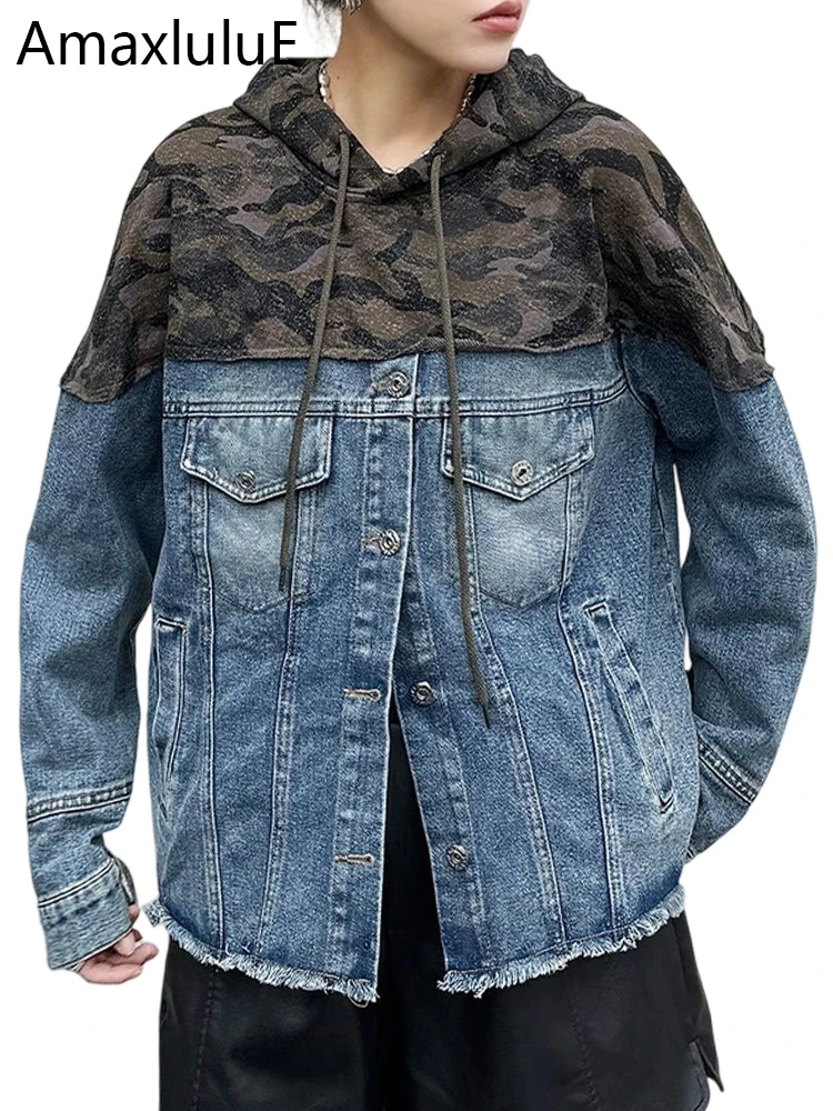 Amax lulue marca 2025 outono senhoras clássico solto impresso denim hoodies das mulheres do vintage retalhos camisolas casuais roupas punk