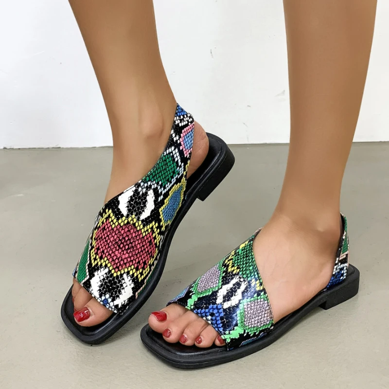 2023 New Shoes for Women Summer Women\'s Sandals Mixed Colors Leopard Print Square Toe Low-heeled Open Toe Casual Sandals Women