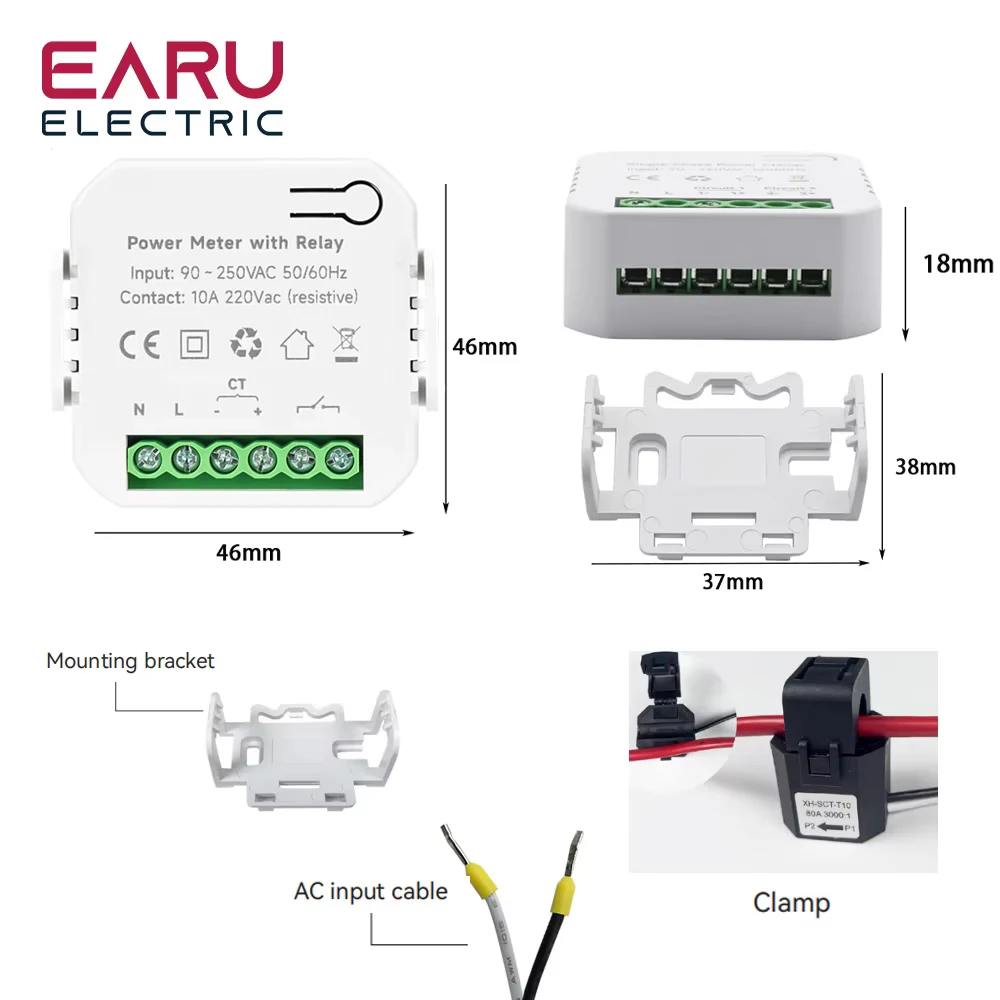 Tuya App Smart Two-way Bilateral WiFi Power Meter with Relay AC110V 220V with Clamp CT KWh Power Electricity Consumption Monitor