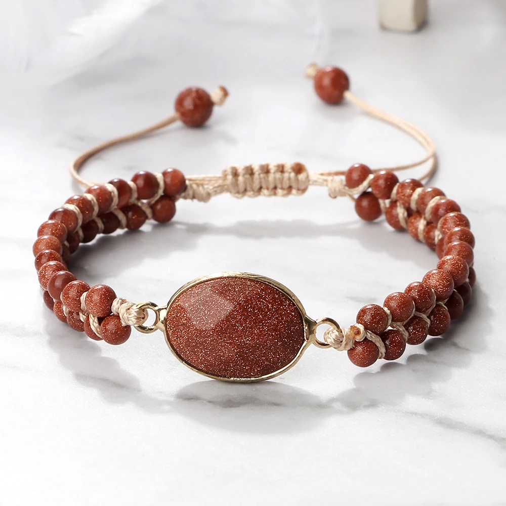 4mm Mini Beads Bracelets Fashion Goldstone Sandstone String Wrap Bracelets Women Handmade Braided Bangles Men Boho Wrist Jewelry