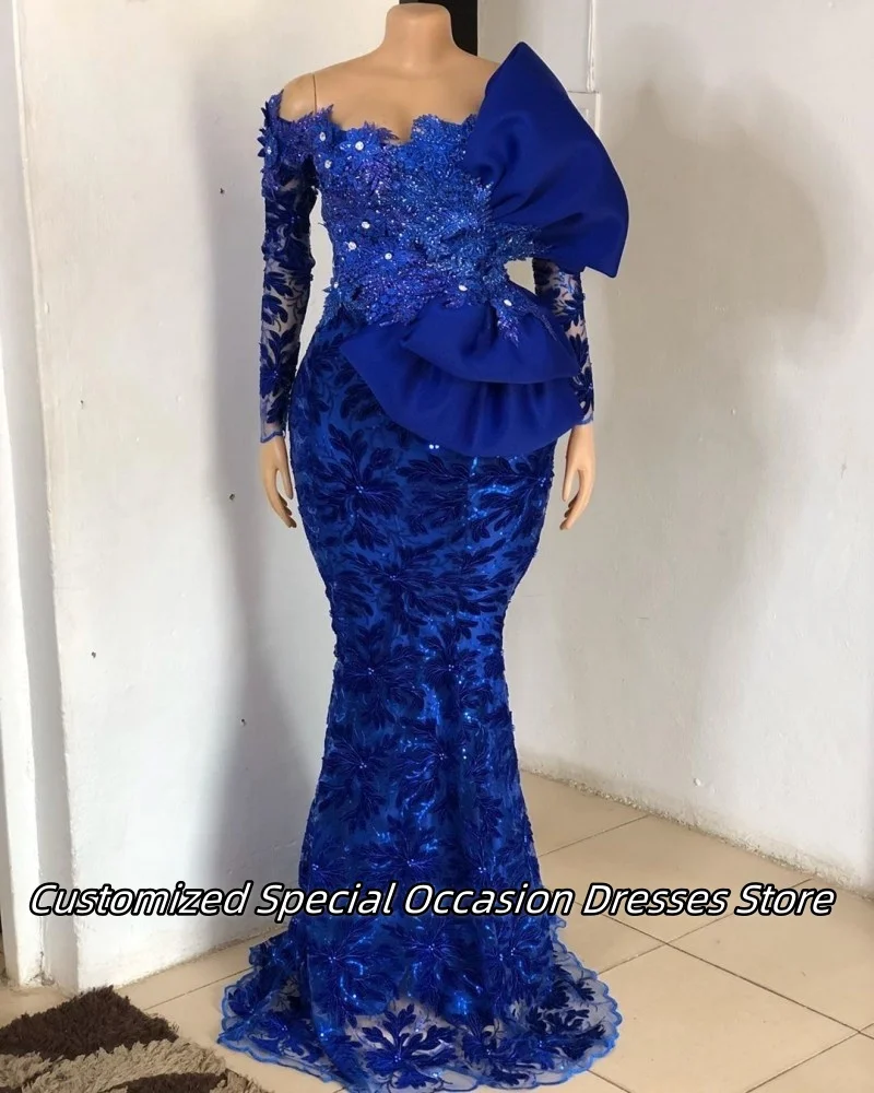 로얄 블루 오프 숄더 이브닝 드레스 섬세한 페르시 아플리케 고급스러운 인어 댄스 파티 드레스 웨딩 파티 가운 맞춤형