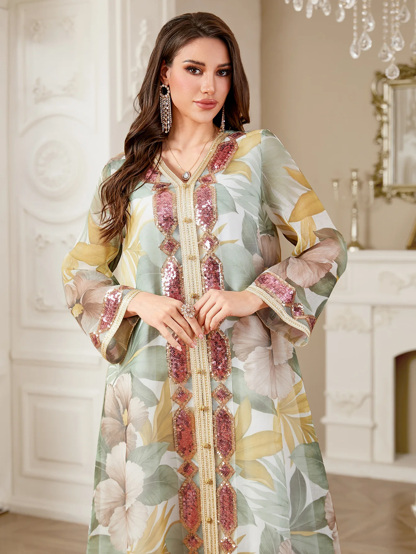 

Muslim Women Floral Print Long Dress Dubai Abaya Turkey Kaftan Eid Djellaba Islam Clothing Caftan Marocain Femme Robe Jalabiya