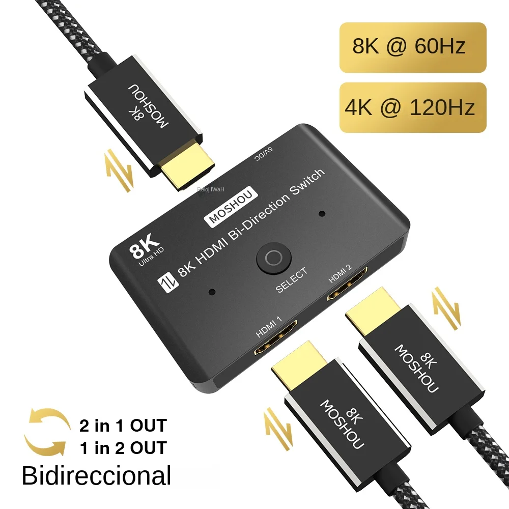MOSHOU 8K @ 60Hz HDMI 2,1 interruptor bidireccional divisor 2 en 1 salida 1 entrada 2 salida 4K @ 120Hz Ultra HD Switcher para PS5 Xbox Roku Apple TV