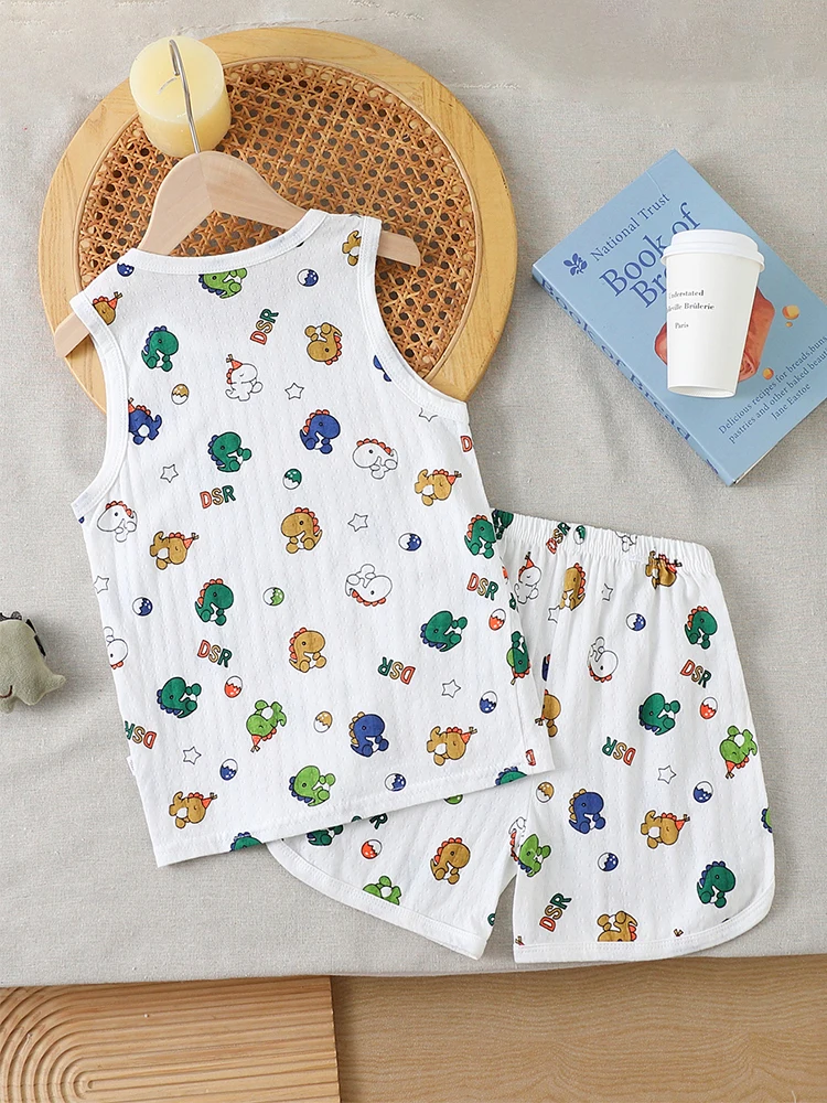 مجموعة سترة صيفية مطبوعة على شكل ديناصورات للأطفال والرضع - سترة وسروال قصير مريح من القطن الخالص للأولاد والبنات في ملابس منزلية غير رسمية