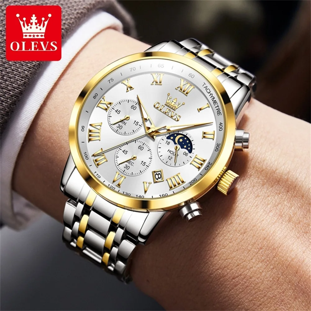 OLEVS New Luxury Quartz Watch for Men Top Brand Stainless Steel Waterpoof Chronograph Mens Wristwatch Clock Moon Phase Man Watch