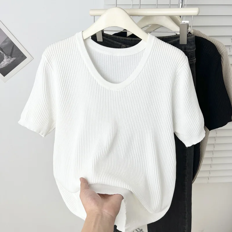 

Летний топ больших размеров 2025 года, новые простые темпераментные тонкие трикотажные футболки из ледяного шелка с короткими рукавами, повседневная футболка 2501