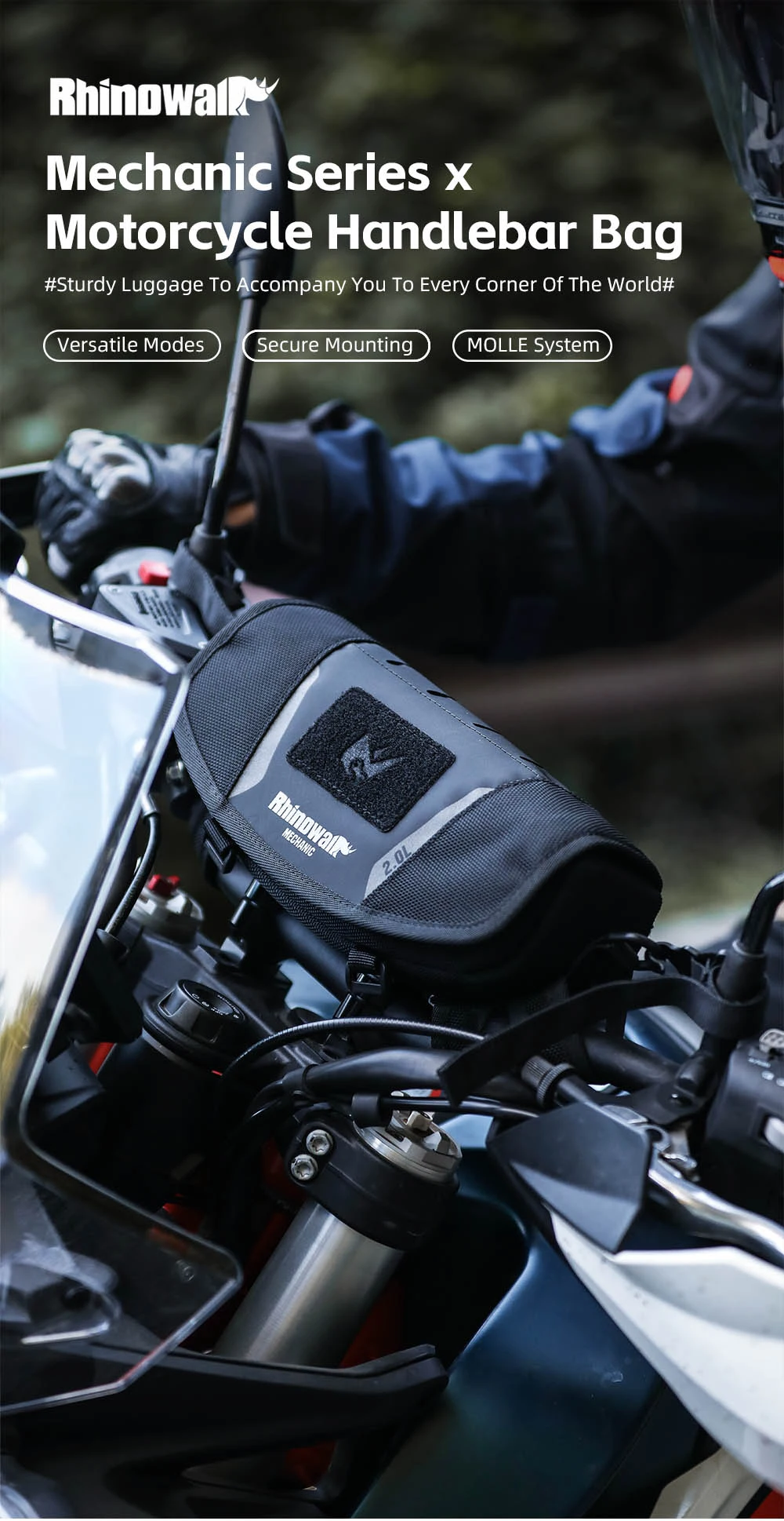 Rhinowalk Motorrad-Lenkertasche, stabile Aufbewahrungstasche, Reise-Umhängetasche mit Molle-System und Regenschutz für ADV-Zubehör – Detail 1