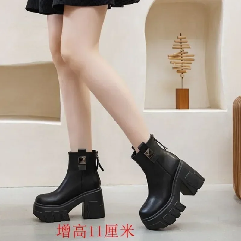 Fujin 11cm New Microfiber Leather Women High Increase Casual Ankle Boots Platform Wedge Pumps Heels White Shoes Winter Shoes