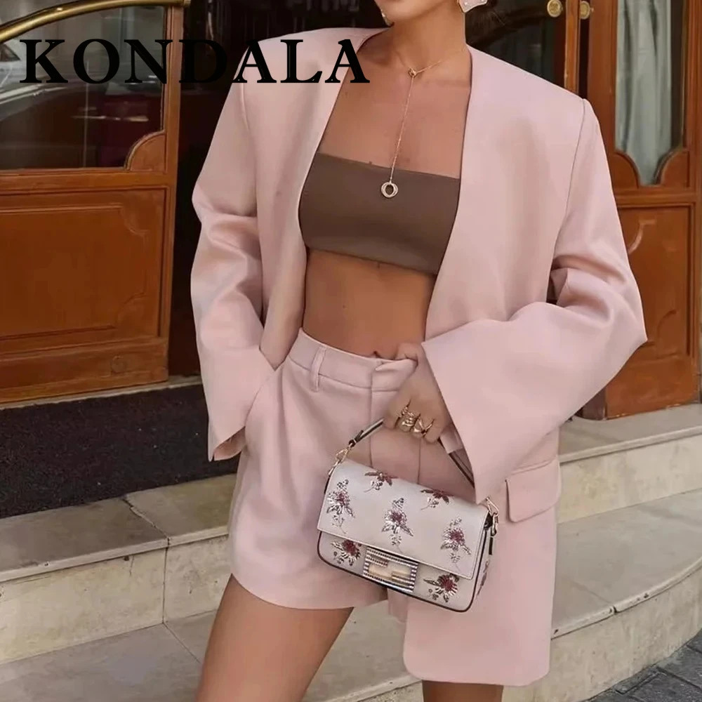 KONDALA Rosa Vintage Langarm Streetwear Frauen Casual Blazer Büro Dame Einreiher V-ausschnitt Chic Y2K Weibliche Outwear