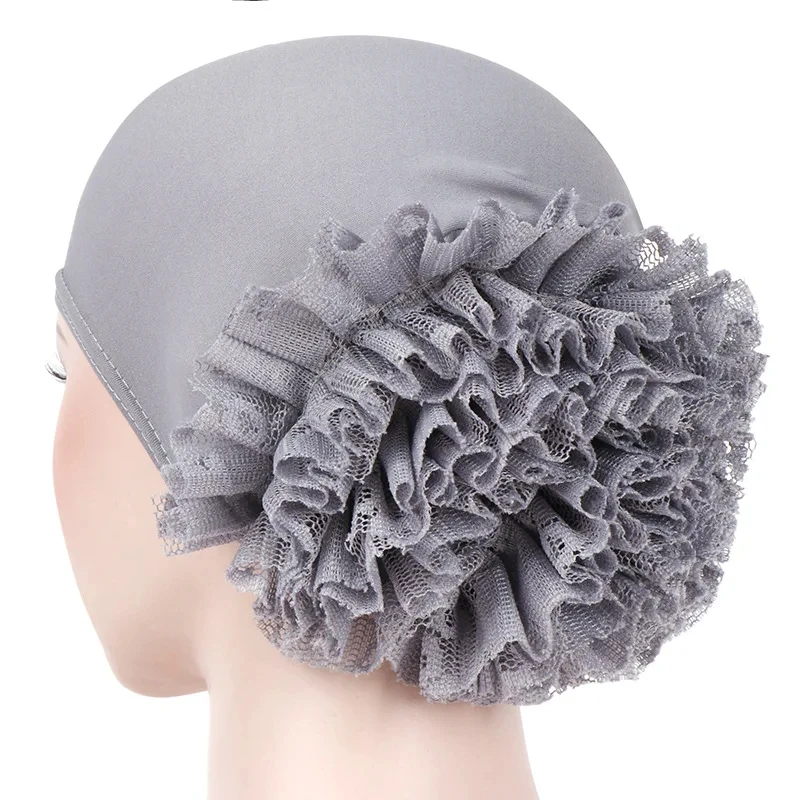 JTVOVO New Pure Color Milk Silk Pan Flower Hat Muslim Stretch Toe Cap Dubai Arab Women\'s Flower Hat Turban Beanie Fashion