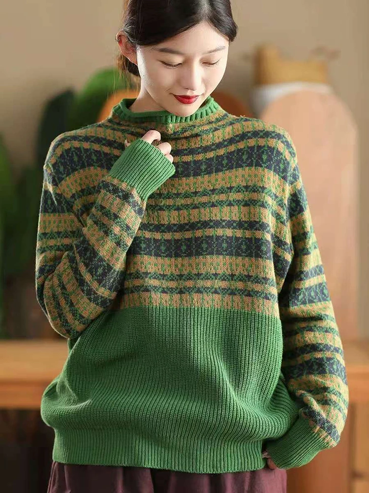 

Женский повседневный свитер с длинным рукавом, Новое поступление, осень 2022, винтажный стиль, женский вязаный пуловер с воротником-стойкой и геометрическим узором M2017