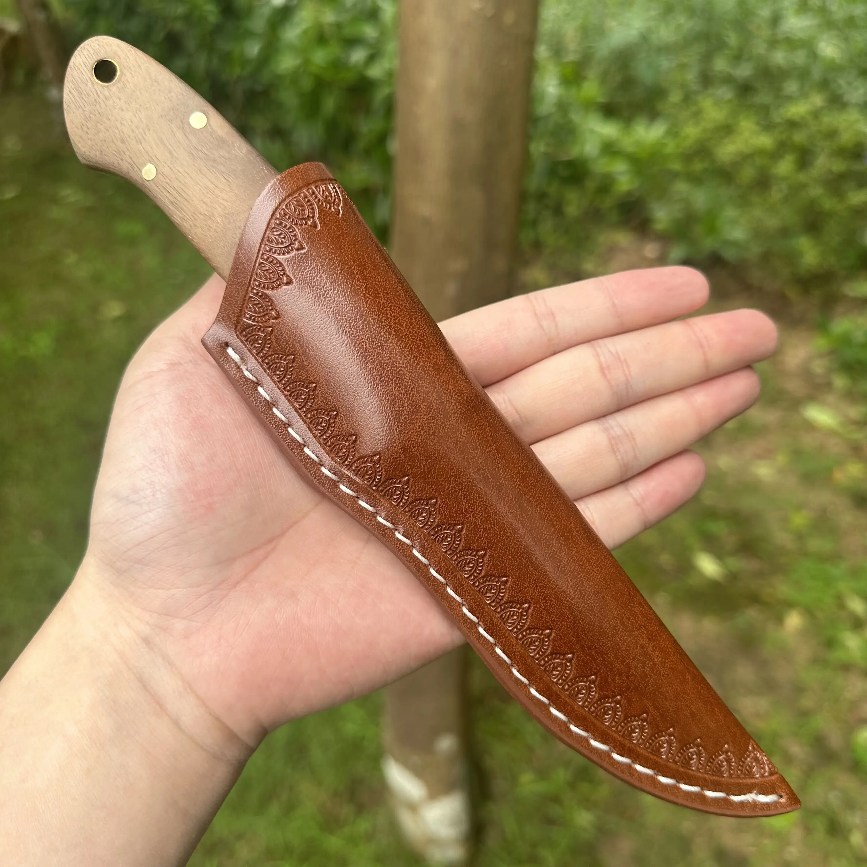 Topwell Handmade Knife DC53 Steel Fixed Blade Full Tang Walnut Handle Leather Sheath Premium Camping Survival Knife Sharp Solid