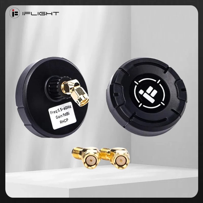 

IFlight Pigeon 5.8G Circular Polarization Directional 9dBi Gain FPV Patch Antenna RP-SMA LHCP RHCP with 2PCS 45 Degree Adapter