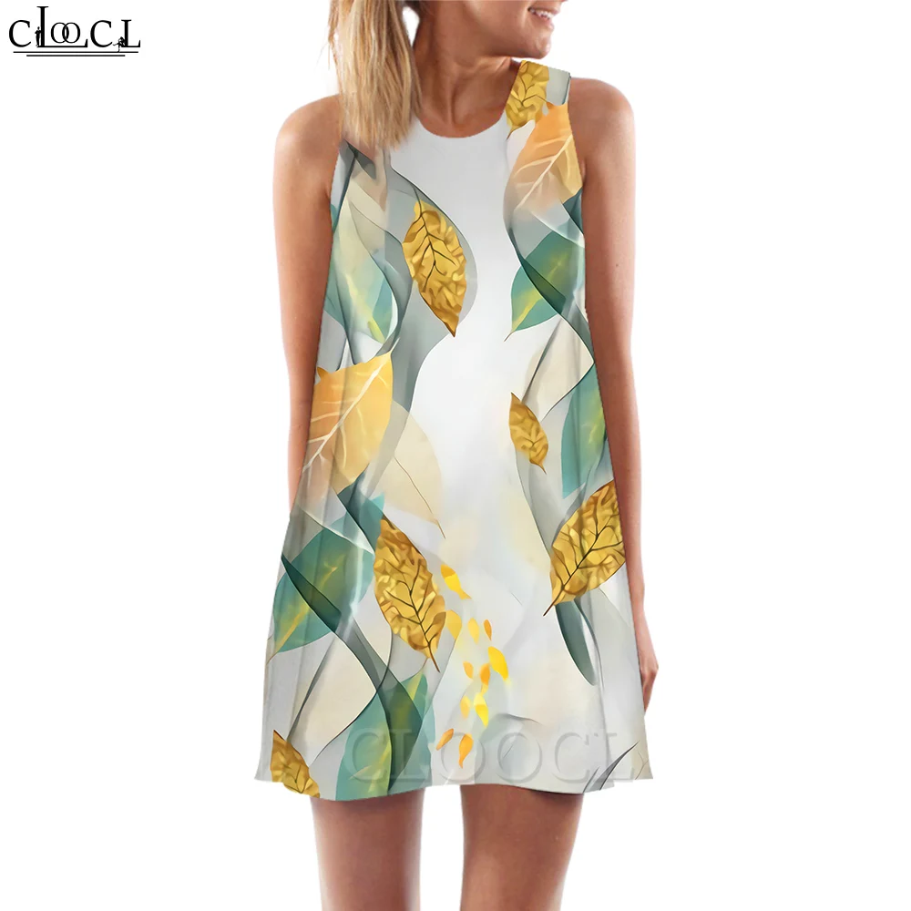 

CLOOCL New Fashion Women Tank Dress Green Leaves Pattern 3D Printed Loose Waist Sleeveless Summer Dress Beach Style