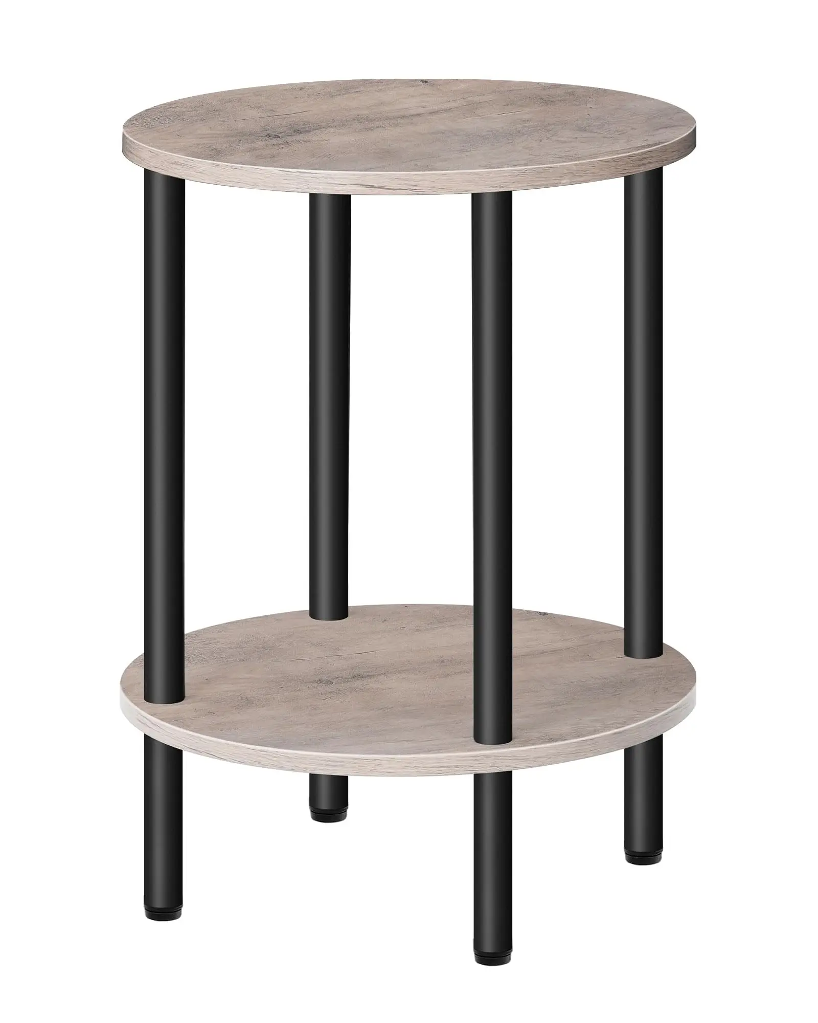 

Two-Tier Round Side Table With Black Metal Legs And Greige Wood Finish For Living Room Or Bedroom