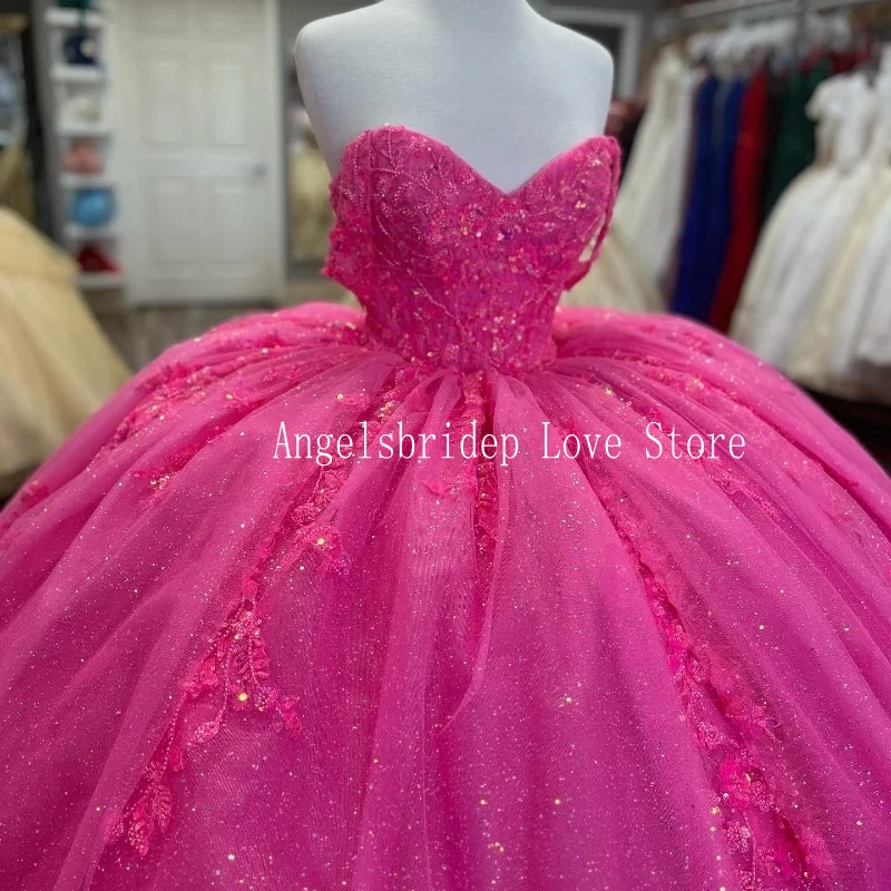 ANGELSBRIDEP-Vestido Quinceanera rosa para eventos especiais, vestido de baile 3D Flowers, Sweet 16 Party, México Hot, 25, 2022