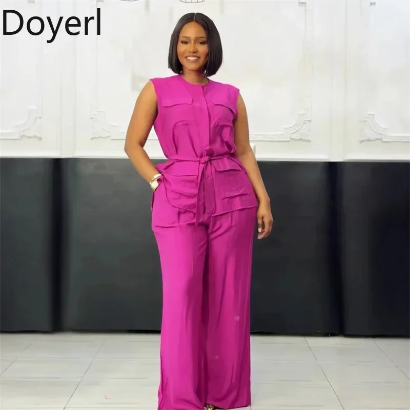 Doyerl Solid Casual Set da 2 pezzi Completi da donna Eleganza Loose Fit O-Collo Tasche senza maniche Top e pantaloni a gamba larga Set coordinati