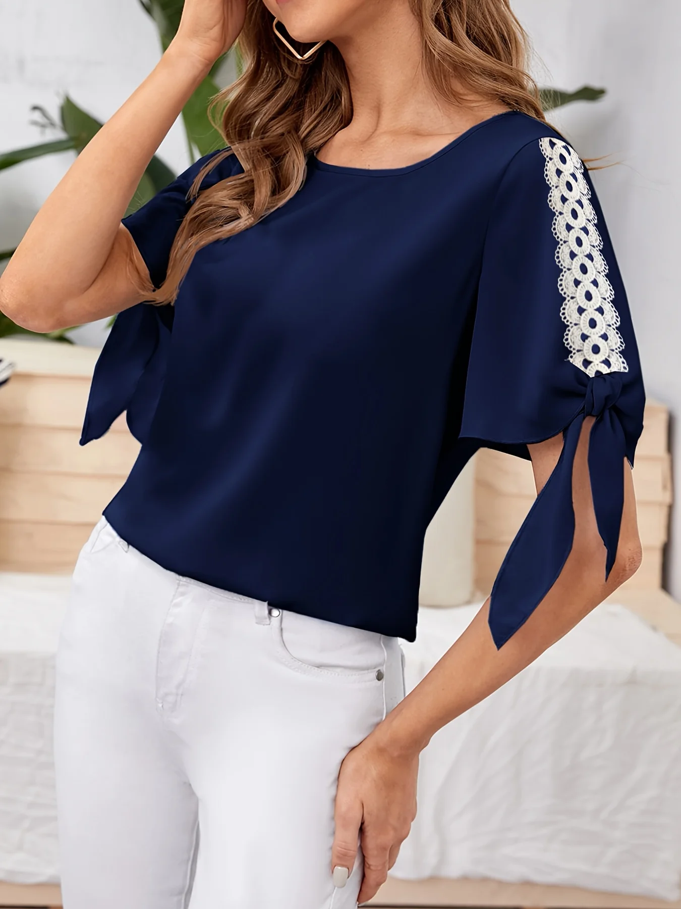 

Women's Navy Blue Blouse with Lace Trim & Tie - Knot Sleeves - Elegant for Office or Weekend