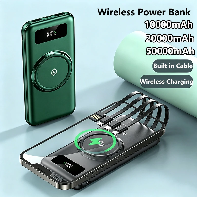 Portable Power Bank 50000mAh with Built in 4 Cables Qi Wireless Charger Powerbank for iPhone 17 Samsung Xiaomi Huawei Poverbank