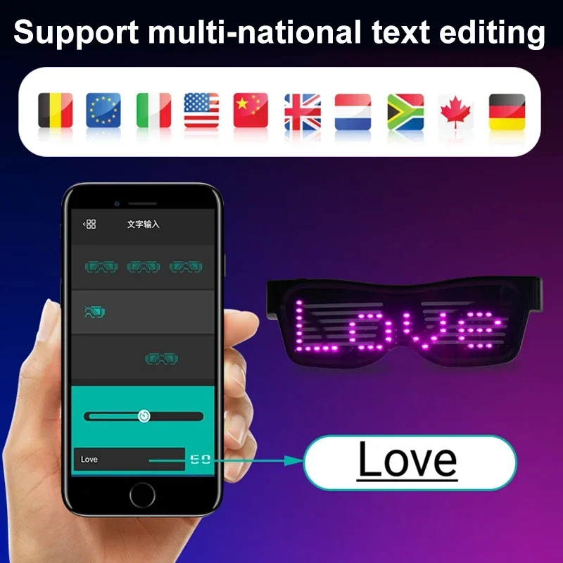 Многоязычные светодиодные очки Bluetooth DIY текст граффити RGBW/красный/зеленый цвет для Хэллоуина, вечеринки, рейв-музыки, фестиваля, светящиеся очки