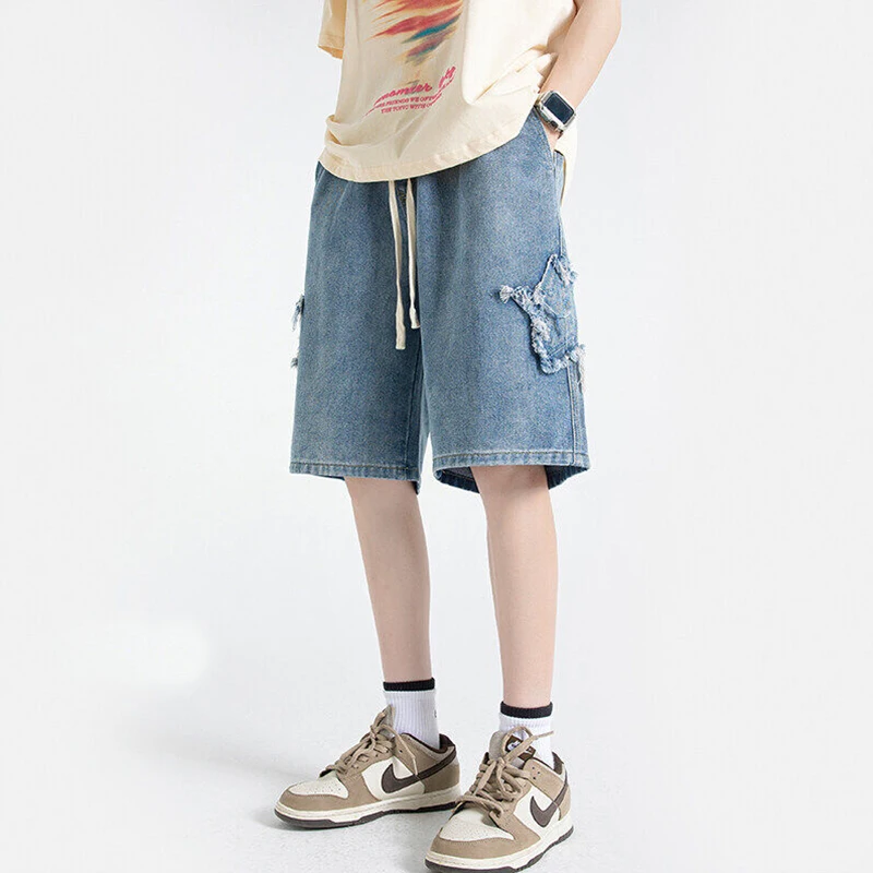 

Oversized Men's Cotton Denim Shorts New 2025 Summer Casual Men's Jeans Shorts Streetwear Loose Drawstring Retro Knee-Length Pant