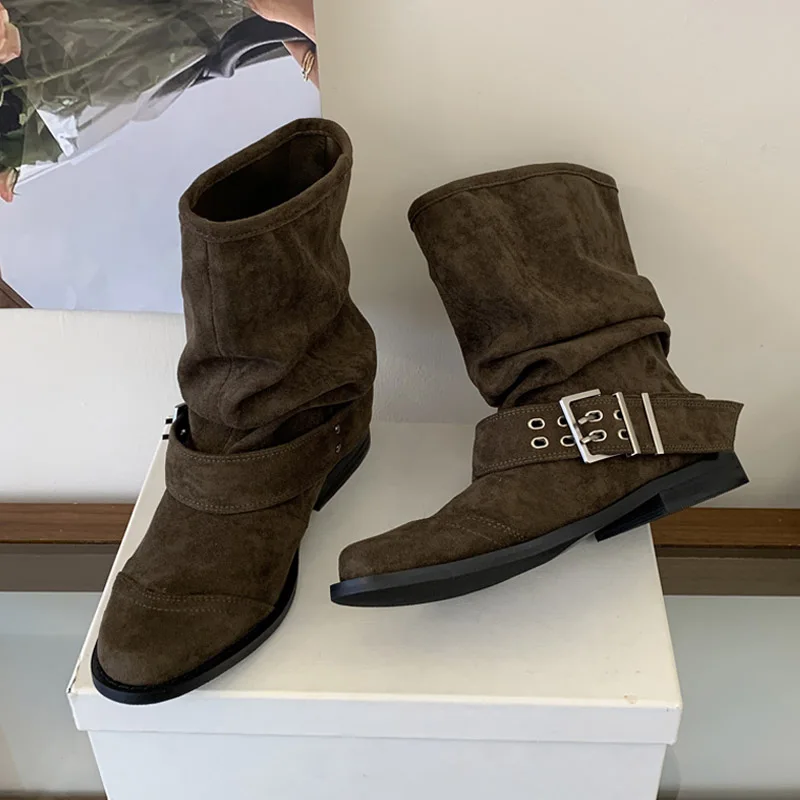 Aneikeh 2027 Fashion Round Toe Ankle Boots  Vintage Autumn Winter Buckle Strap Square Low Heels Women Short Booties Shoes