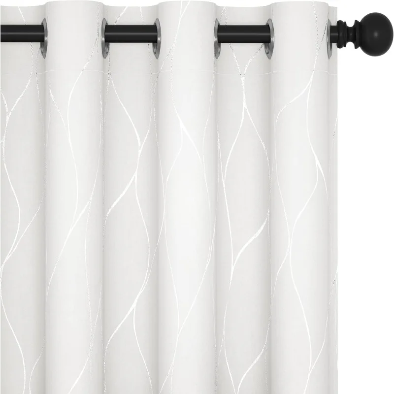 Pure White Silver Wave Print Blackout Curtains, 50% Blackout Curtains, Bedroom Living Room, 52x96 Inch, Grommet, 2 Pieces