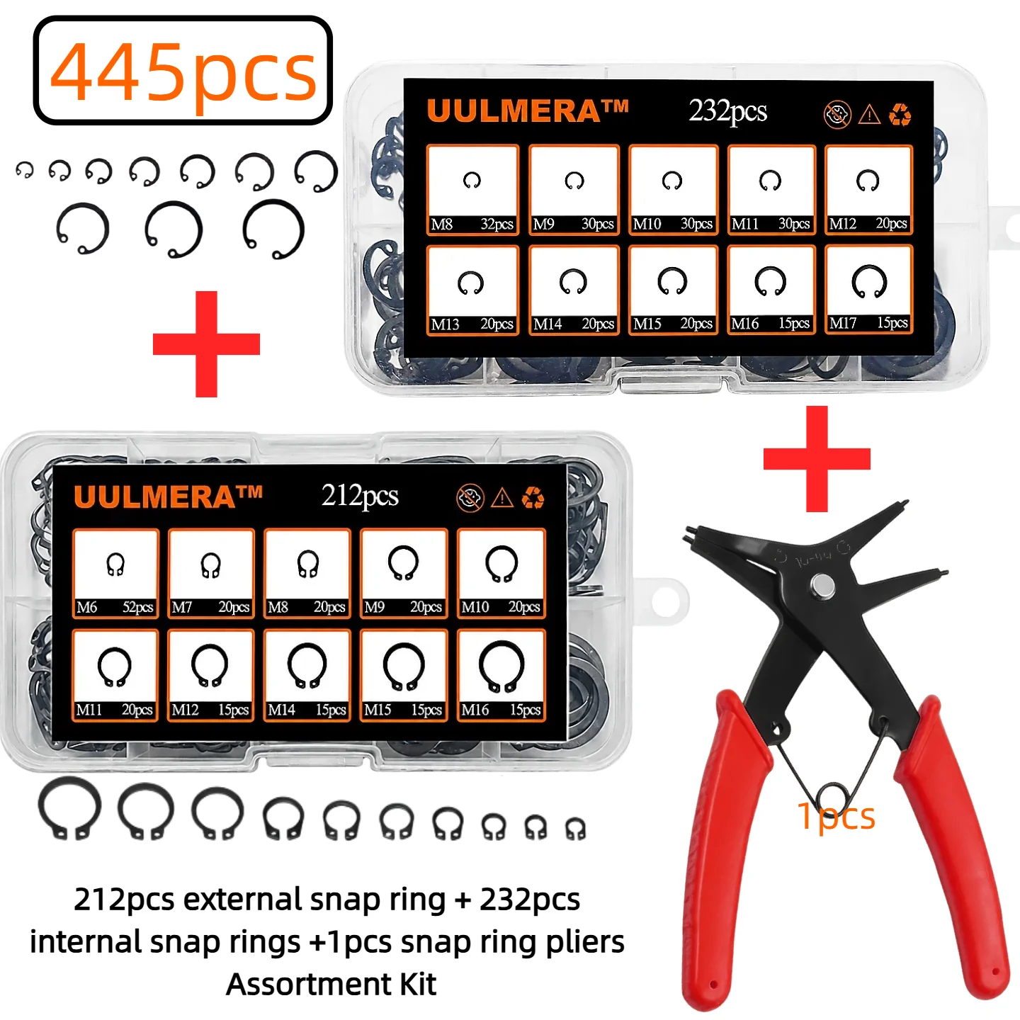 445pcs Snap Ring Pliers and Snap Ring Set 232pcs Internal  CirClips Assortment Kit 212pcs External CirClips Assortment Kit