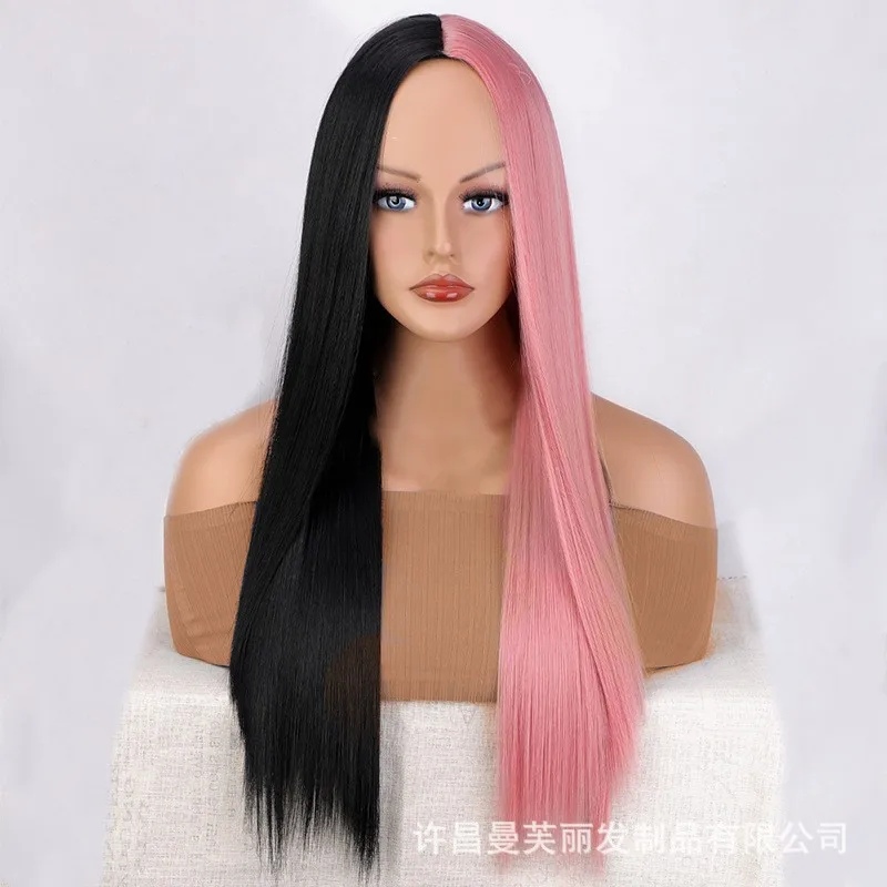 Yin Yang Head women's in bianco e nero Two tone Split Long Straight Hair copricapo in fibra chimica parrucche cosplay