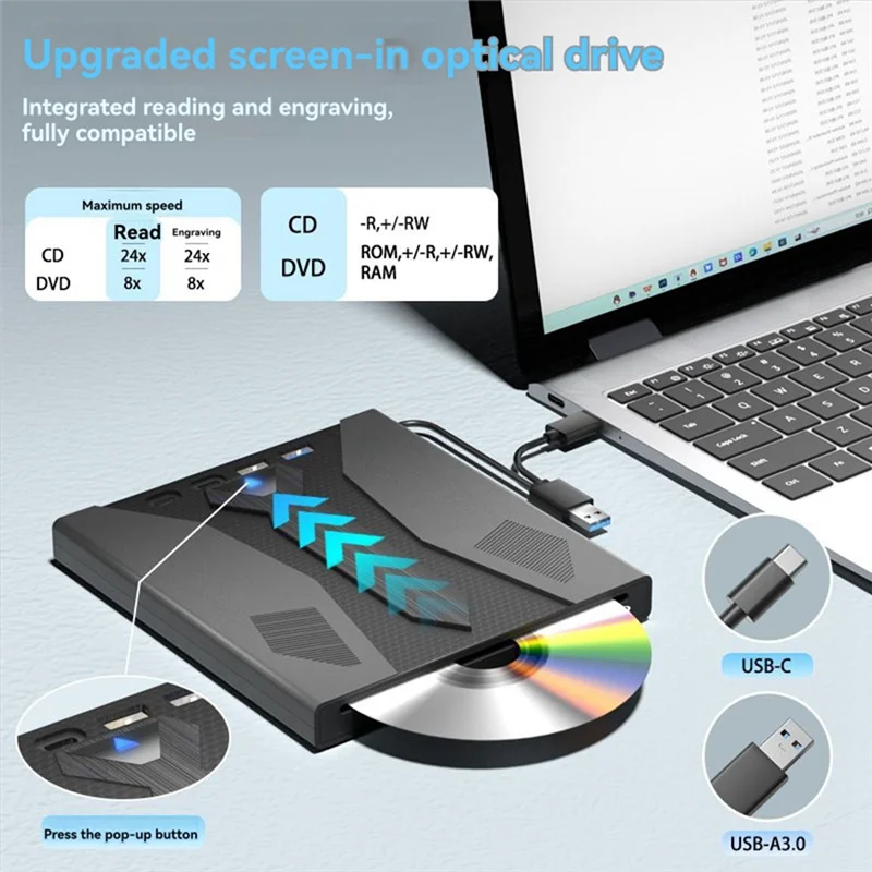 

B04C-Compact 7 In 1 USB 3.0 Type C CD/DVD Player And Burner, Multi-Purpose Optical Drive For Windows PC Laptop