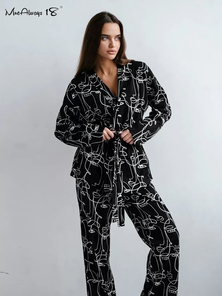 Mnealways18 Fashion Printing Pants Two Pieces  Set Robe Lace-Up Blouses And Baggy Trousers Casual Women Outfits 2024 Autumn Suit