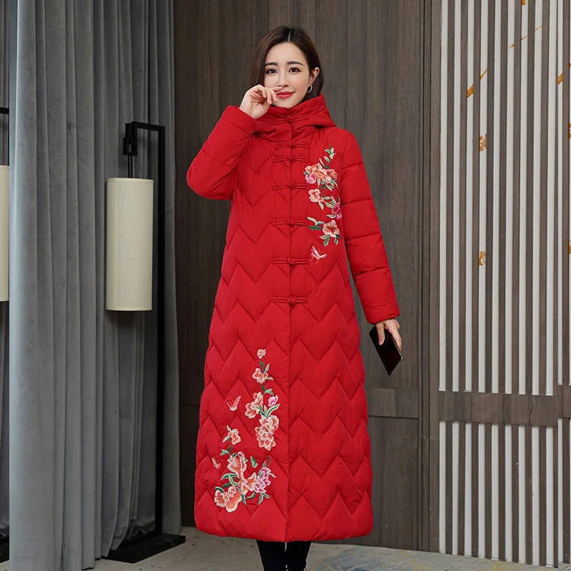 Hiver vers le bas coton rembourré femmes Style National chinois brodé longue vêtements d'extérieur épaissi chaud à capuche Parka manteau femme