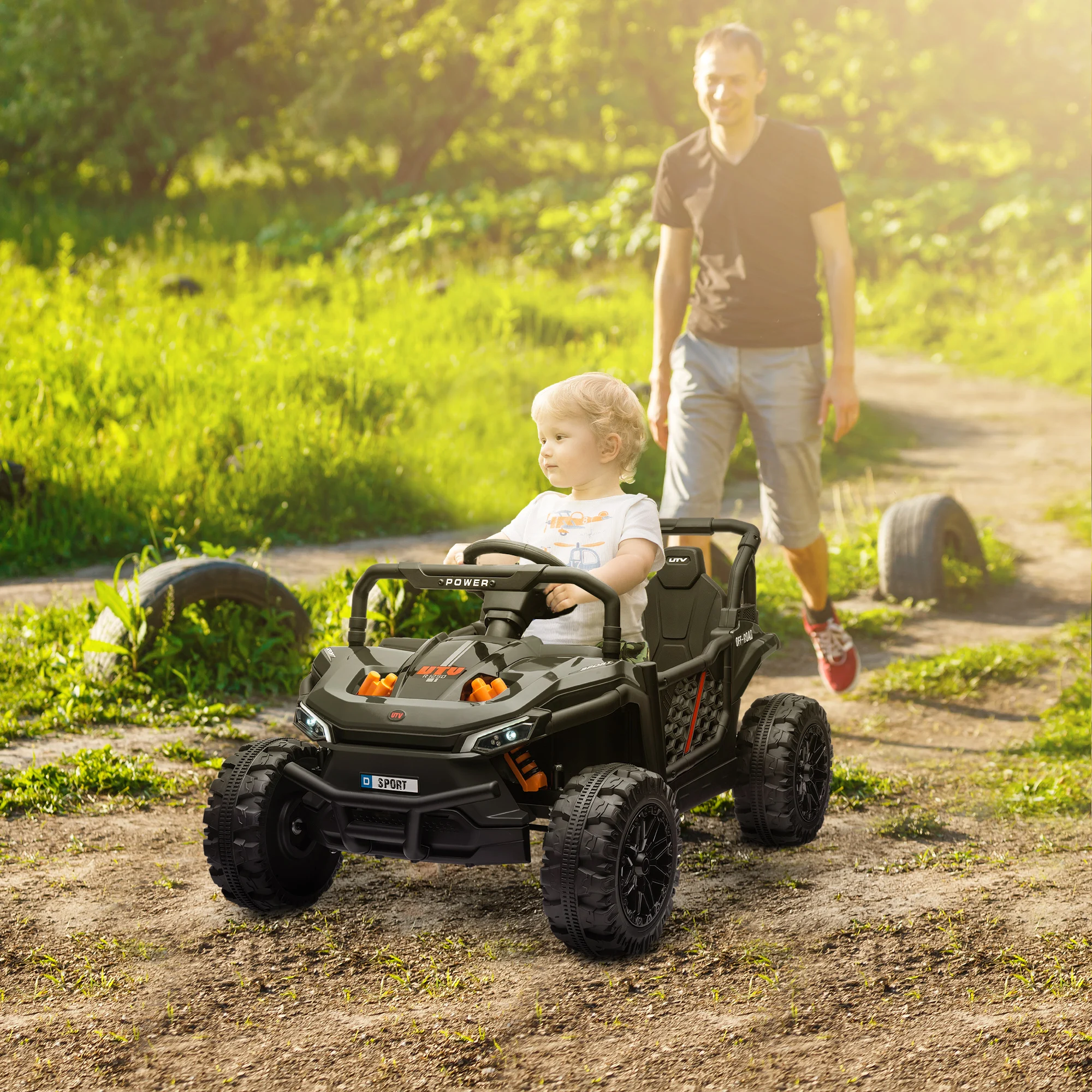 Juguete Utv para paseo en camión de 12 V con suspensión de 4 ruedas, control remoto, negro