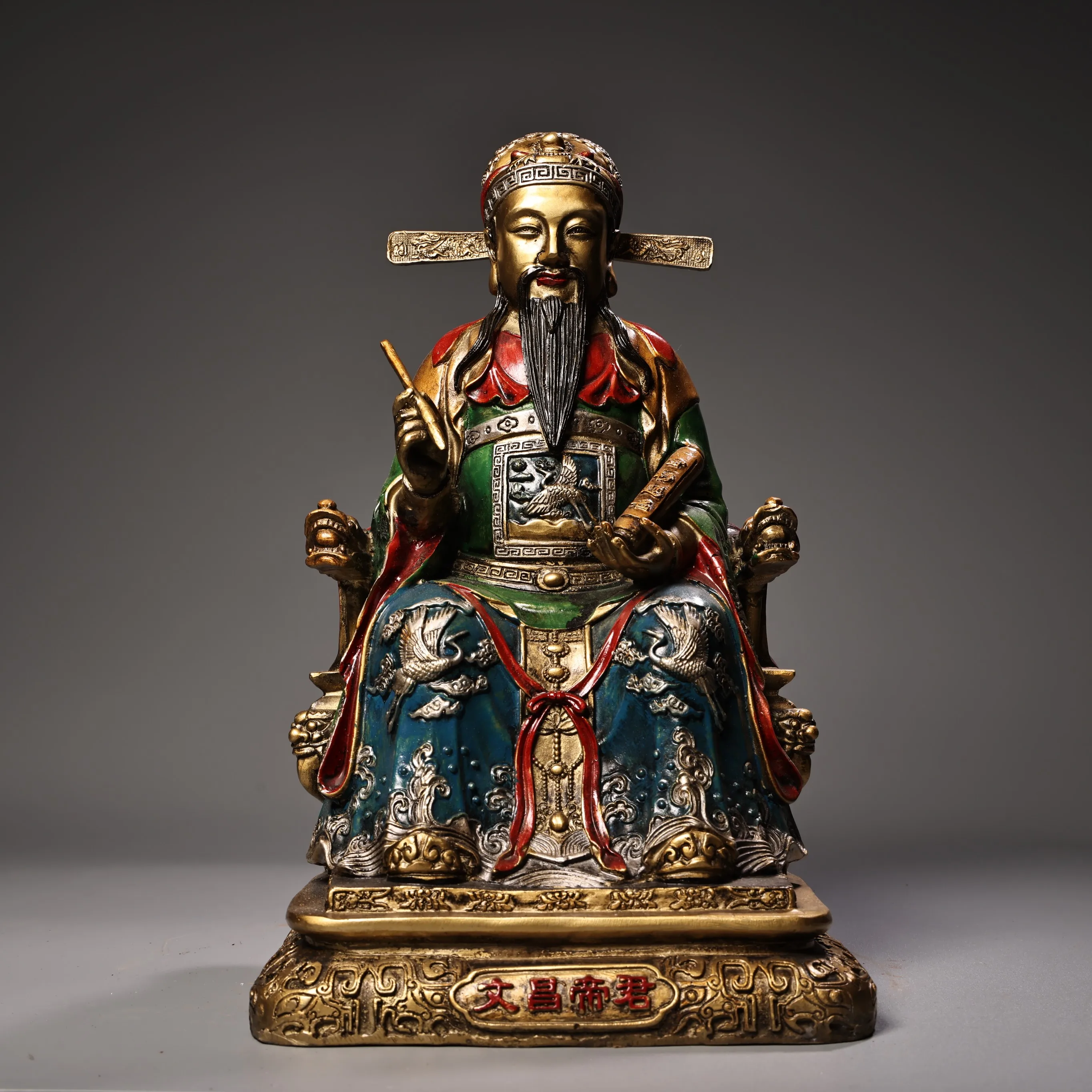 Colección de templo tibetano de 12 ", bronce antiguo pintado, alto alivio, emperador Wenchang, inmortal, eterno, soberano celestial, salón de adoración