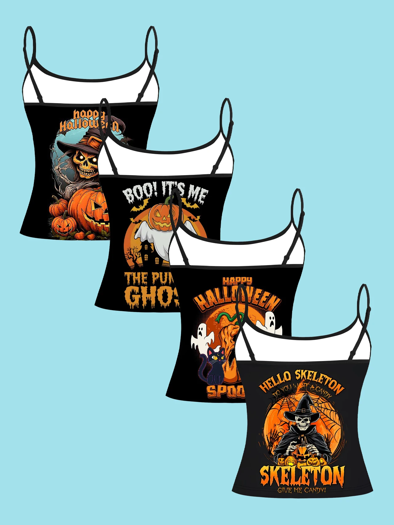 4-Piece Set of Halloween Skeleton Witch Pumpkin Ghost Women's Camisoles, Vintage American-Style Printed Slim-Fit Spaghetti Strap Short Camisole Tops